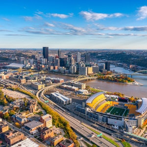 Aerial Photo of Heinz Field (Acrisure Stadium) and the Pittsburgh Skyline