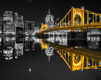 Photo of the Pittsburgh Skyline with Reflections (Black and Gold Version)