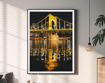 Pittsburgh Bridge Photo - Black & Gold Clemente Bridge and the Moon