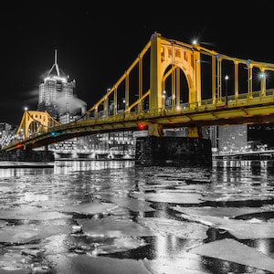 Pittsburgh Photo - Icy River and Clemente Bridge in Black & Gold  - Pittsburgh Art - Pittsburgh Photography - Pittsburgh Prints