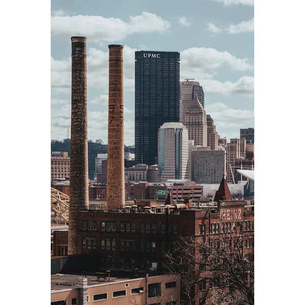 Pittsburgh Photo Print - Heinz Smoke Stacks and Pittsburgh Skyline - Available on Metal, Canvas, & Kodak Paper