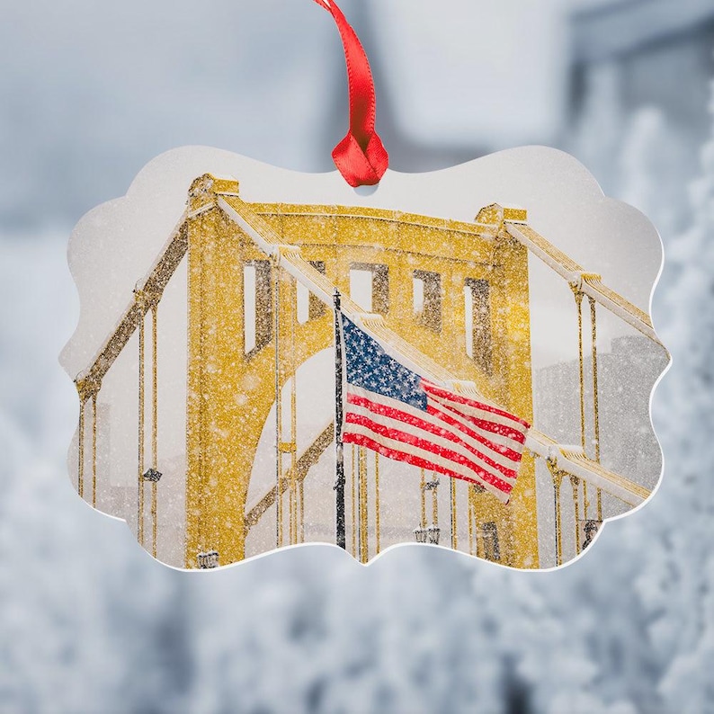 Snowy Clemente Bridge & U.S. Flag Metal Christmas Ornament Etsy