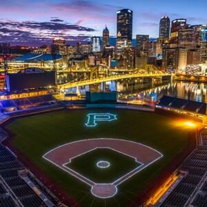 Photo of PNC Park's Christmas Lights and the Pittsburgh Skyline