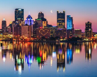 Pittsburgh Skyline Photo with Crescent Moon and Heart