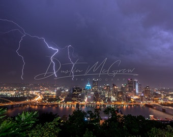 Pittsburgh Skyline Photo - Pittsburgh Triple Lightning Strike - Pittsburgh Art - Available on Metal, Canvas, & Kodak Paper