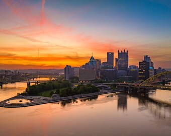 Pittsburgh Skyline Sunrise Photo - Available as metal print, canvas wrap, or paper print