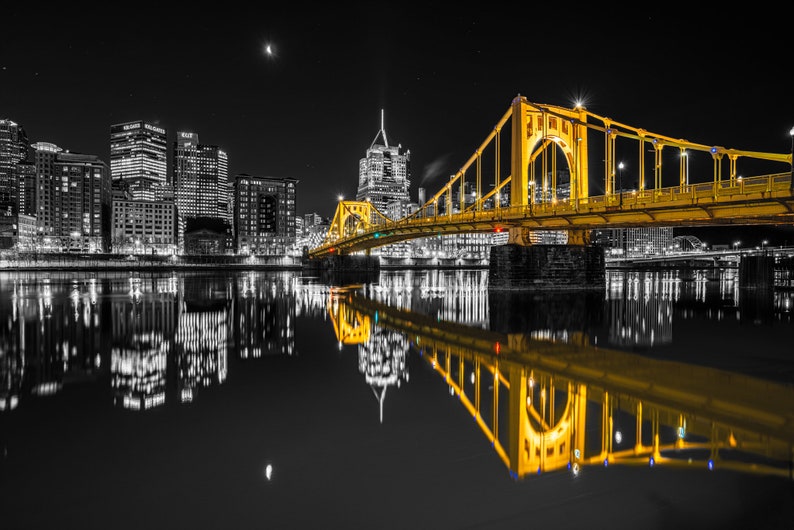 Photo of the Pittsburgh Skyline with Reflections Black and Gold Version image 2