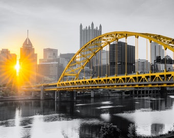 Pittsburgh Skyline Photo - Black & Gold Fort Pitt Bridge Starburst Sunrise