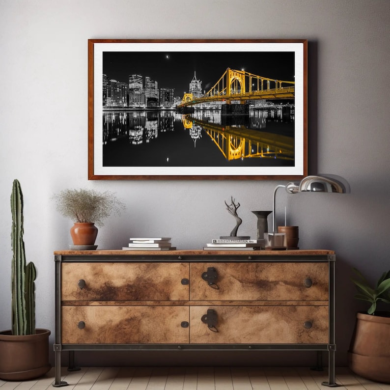 Photo of the Pittsburgh Skyline with Reflections Black and Gold Version image 1