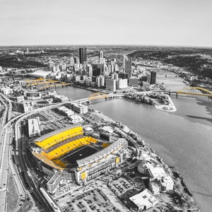Pittsburgh Skyline Photo - Heinz Field (Acrisure Stadium) and Bridges in Black and Gold