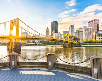 Pittsburgh Skyline Sunrise Photo: Warhol Bridge Art Print