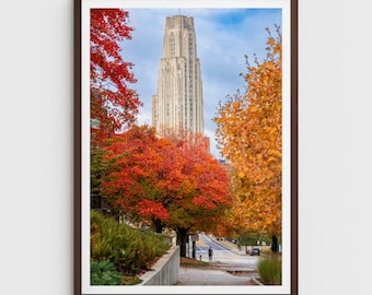 Photo of the Cathedral of Learning with Colorful Trees in the Fall