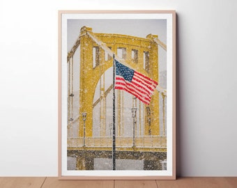 American Flag and Clemente Bridge in the Snow - Pittsburgh Photo Print