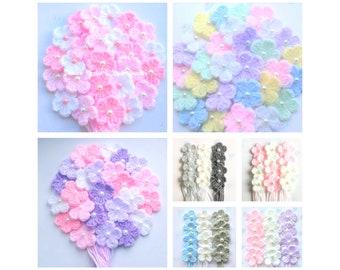 MADE TO ORDER - 24 Crochet Beaded Flowers - Faux Pearl, Soft dk Acrylic, Embellishments, Applique, Motifs, Attach to Clothes,hats,blankets