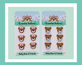 6 Betsy or Billy the Bear Buttons in 2 Sizes - Handmade Designer Buttons - Original, Unique, Ultra Cute & Machine Washable.