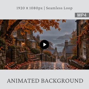 May include: An animated background video file featuring a rainy coastal village scene with stone houses, autumn foliage, and a distant lighthouse. The text 1920 x 1080px | Seamless Loop and MP4 are visible at the top, with ANIMATED BACKGROUND at the bottom.