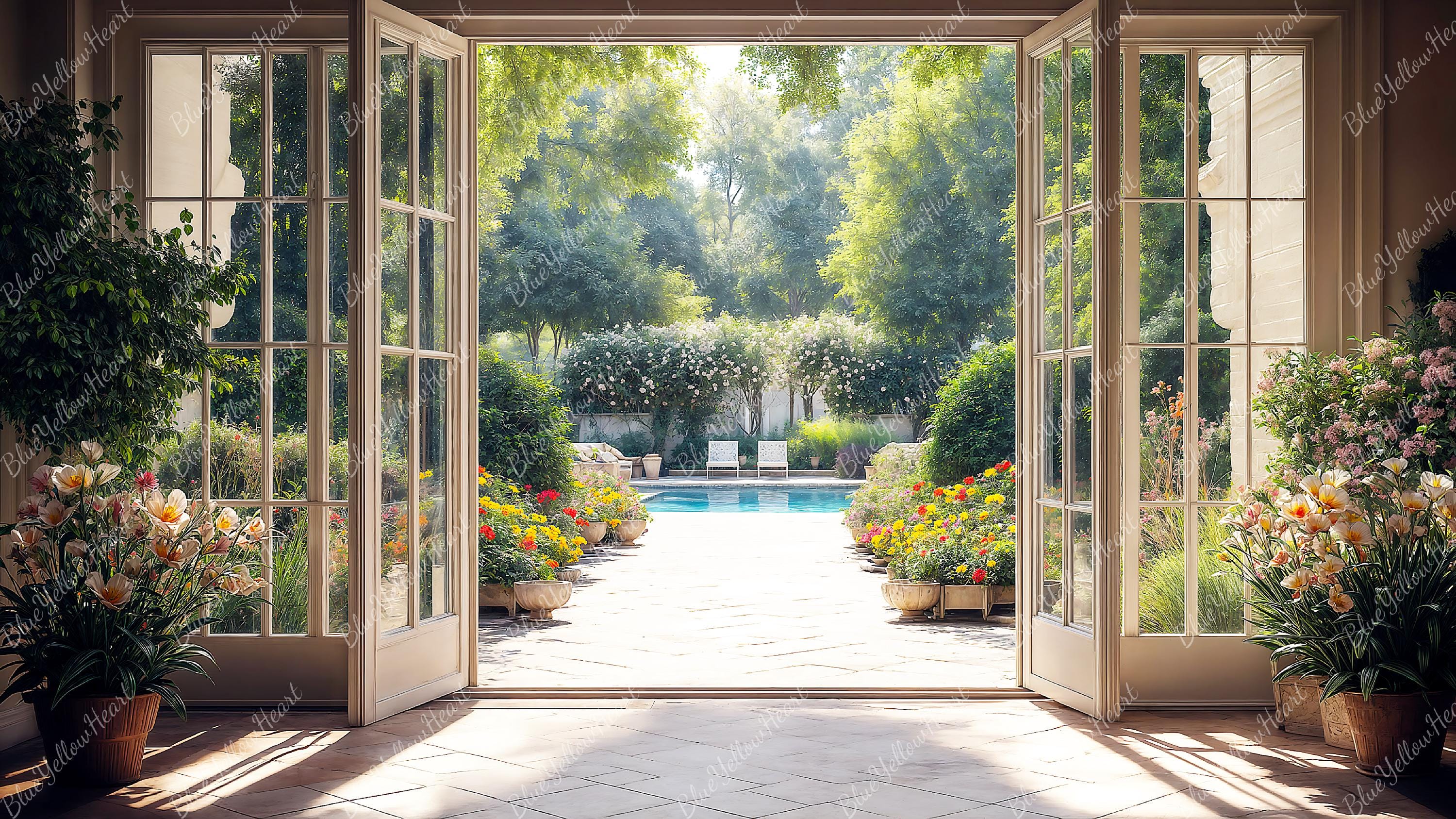 Zoom Background of a French Window Garden View Backdrop, Summer Green Space for Teams Meetings & Work From Home, Virtual Spring Office