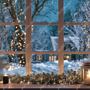 May include: A cozy winter scene through a window, with a snowy landscape visible. The window sill holds a lit candle, a lantern, and a garland of pine and lights. String lights hang on either side of the window, creating a warm, inviting atmosphere.