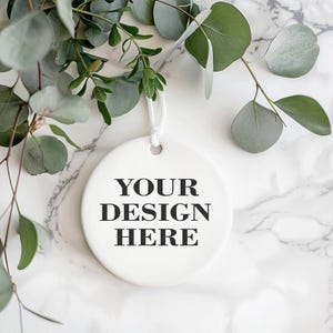 White Ceramic Ornament Mockup, Round Flat Lay Design Template, Styled Stock Photography, Christmas Tag Ornament Mock-up