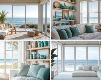 Set of 4 Zoom Backgrounds | Summer Vibe Beach Office | Ocean Virtual Office for Work from Home | Teams Meeting Backdrops Digital Download