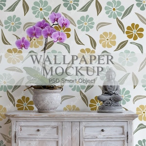 Wallpaper Mockup, Wall Mural PSD Template, Minimalist Room & Modern Boho Interior Wall Mock-up with Smart Object for Surface Pattern Design