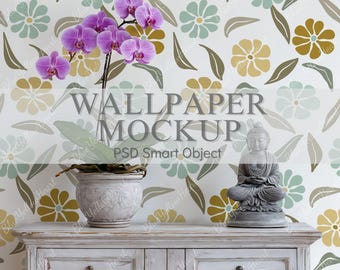 Wallpaper Mockup, Wall Mural PSD Template, Minimalist Room & Modern Boho Interior Wall Mock-up with Smart Object for Surface Pattern Design