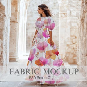 Long Dress Mockup PSD Smart Object, Boho Style Model Fabric Mockup for Seamless Pattern Design, Closeup Natural Textile Preview Template