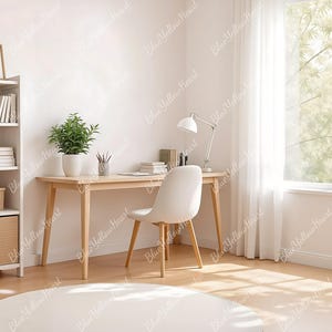 Pode incluir: Interior luminoso e arejado com uma secretária de madeira, uma cadeira branca e uma estante. A sala é preenchida com luz natural de uma grande janela com cortinas transparentes. Plantas e livros decorativos completam a estética minimalista.