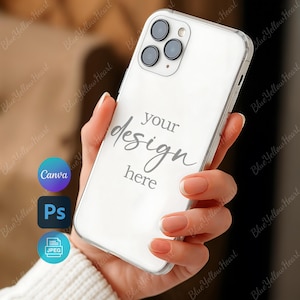 May include: A clear phone case held in a hand, featuring the text "your design here" in a script font. The case has a silver border and is designed for a phone with three camera lenses. Icons for Canva, Photoshop, and JPEG are visible.