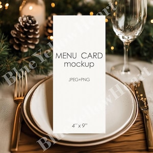 Maqueta de tarjeta de menú, maqueta de menú de recepción de vacaciones navideñas de 4x9, maquetas de tarjetas de mesa simples, menú de boda y tarjeta de programa, maqueta PSD, Jpeg