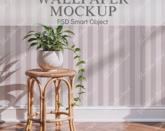 Minimalist Wallpaper Mockup with Homely Plant, Boho Wall Mural PSD, Smart Object Interior Wall Mockup, Clean Interior or Pattern Display