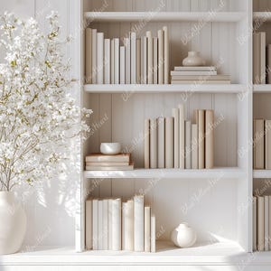 May include: A white bookshelf with three shelves filled with books. The shelves are against a white wall. A white vase with white flowers is on the left side of the image.