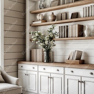 May include: A white cabinet with a wood countertop and shelves filled with books and decorative items. The cabinet has a farmhouse style with white painted wood and brass hardware.