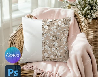 Maqueta de almohada decorativa, maqueta de almohada en Photoshop y Canva, maqueta de almohada decorativa, maqueta de almohada, plantilla PSD de cojín cuadrado
