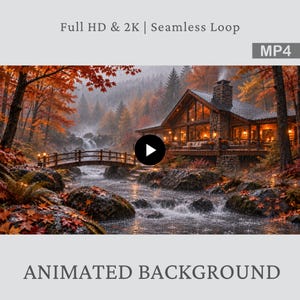 May include: An animated digital background featuring a wooden cabin with glowing windows beside a flowing stream and a small arched bridge. The scene is set in an autumn forest with orange and red foliage during a rainstorm. Text reads Full HD & 2K | Seamless Loop, MP4, ANIMATED BACKGROUND.