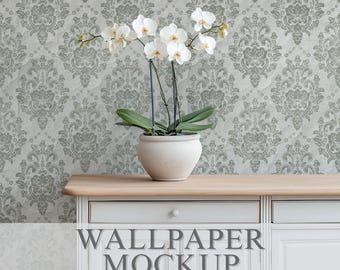 Wallpaper Mockup, Wall Mural PSD Template, Minimalist Room & Modern Boho Interior Wall Mock-up with Smart Object for Surface Pattern Design