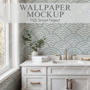 May include: A bathroom scene featuring a white vanity with gold hardware, a white sink, and a gold faucet. The wallpaper has a light blue background with a white fan-shaped pattern. The text "WALLPAPER MOCKUP PSD Smart Object" is visible.