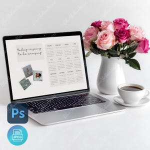 May include: A laptop computer with a white background and a calendar on the screen. The calendar is for the year 2023 and has the text "today is going to be amazing" on a sticky note above it. There are pink roses in a white vase on a white table.