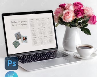 Mockup MacBooka PSD, Szablon wyświetlacza laptopa do projektów cyfrowych, Mockupy stron internetowych i aplikacji, Minimalistyczne miejsce pracy, Prezentacja produktu cyfrowego
