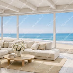 May include: A light and airy living room with a large corner sofa, round coffee table, and a woven footstool. Large windows offer a panoramic view of the sea and beach. The room is decorated in neutral tones with white walls and ceiling.