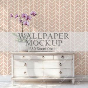 Wallpaper Mockup, Wall Mural PSD Template, Minimalist Room & Modern Boho Interior Wall Mock-up with Smart Object for Surface Pattern Design