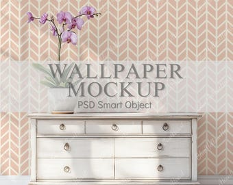 Wallpaper Mockup, Wall Mural PSD Template, Minimalist Room & Modern Boho Interior Wall Mock-up with Smart Object for Surface Pattern Design