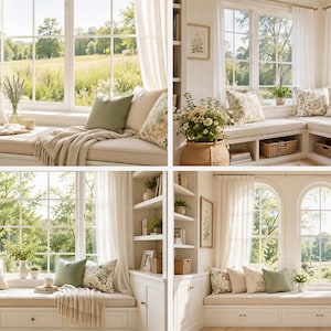 May include: A built-in window seat with white cabinetry, beige cushions, and various throw pillows in shades of cream, sage green, and floral patterns. The area features sheer white curtains, open shelving, and views of a green landscape.