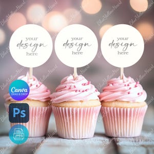Mockup di topper per cupcake di San Valentino, topper per cupcake vuoti, mockup di topper per torte JPG e PSD, modello di topper per cupcake, decorazione per cupcake