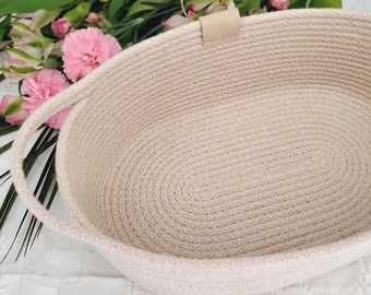 Oval Cotton Rope Basket, Cotton Rope Basket with Handle, Handmade Basket for Stylish Organization, Natural Color Handle Basket Collection