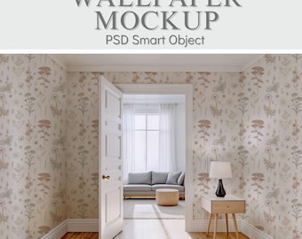 May include: Interior room with floral wallpaper, open white door, and wooden floor. A small side table with a lamp is visible. The text "WALLPAPER MOCKUP PSD Smart Object" is at the top.