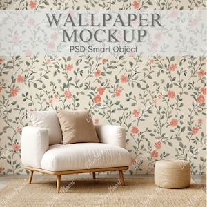 May include: A mockup featuring a white armchair with a tan pillow, a woven ottoman, and a floral wallpaper backdrop. The wallpaper has a cream background with a pattern of pink flowers and green leaves. The text "WALLPAPER MOCKUP PSD Smart Object" is visible.