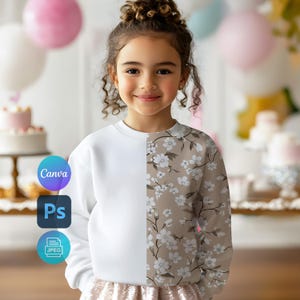 Kids Crewneck Sweatshirt Mockup | Toddler Blank Shirt PSD | Children&#39;s Clothing Canva Template | All-Over Print for Seamless Pattern Mock-up
