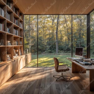 Op de afbeelding: Een houten bureau met een lichte houten afwerking staat voor een groot raam met uitzicht op een bos. Het bureau heeft een donker houten blad en een lichte houten basis. Een stoel met een donkerbruine leren zitting en een zwart metalen frame staat voor het bureau.