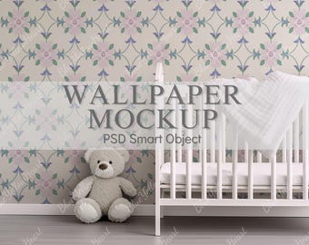Nursery Wallpaper Mockup, Baby Room PSD Wall Mockup, Kids bedroom Mocks, Crib & Wallpaper Mockup, Interior Wall Mock-ups, Wall Decal Mock up